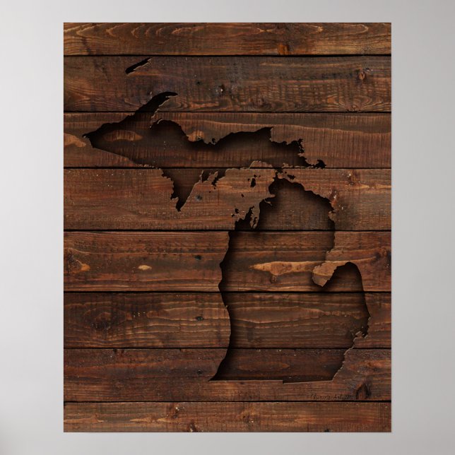 Michigan Brown Wood Carved Poster (Front)