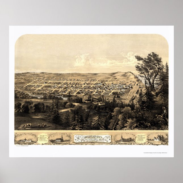 Michigan City, IN Panoramic Map - 1869a Poster (Front)