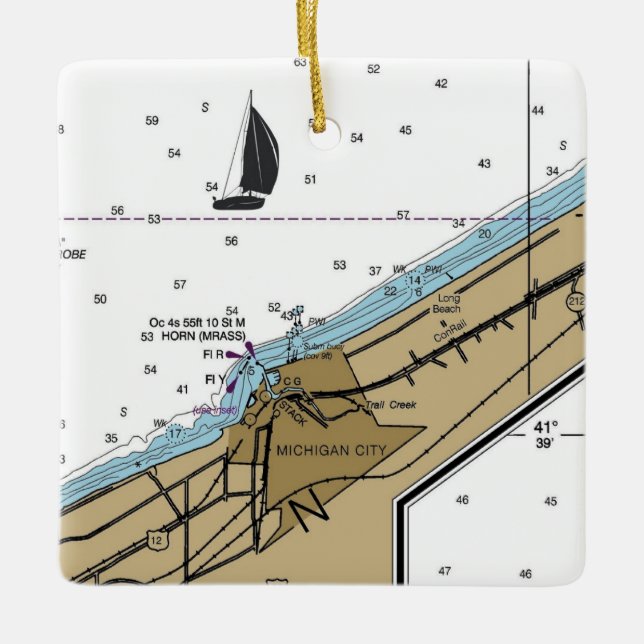 Michigan City Indiana Nautical Chart Ceramic Ornament (Front)