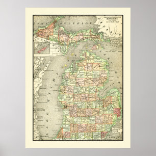 Michigan Colourful Antique Map State & Counties Poster