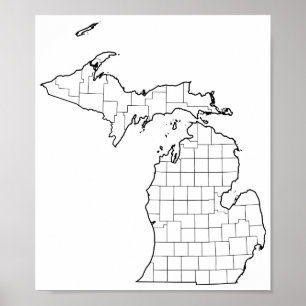 Michigan Counties Blank Outline Map Poster
