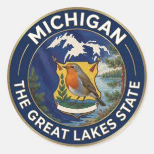 🌊 Michigan Flag and American Robin Great Lakes Classic Round Sticker