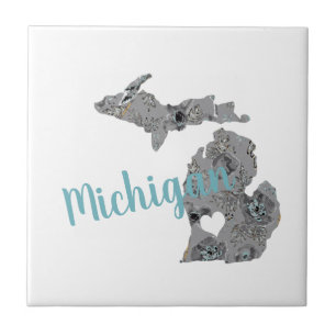 Michigan Floral Filled Silhouette Ceramic Tile