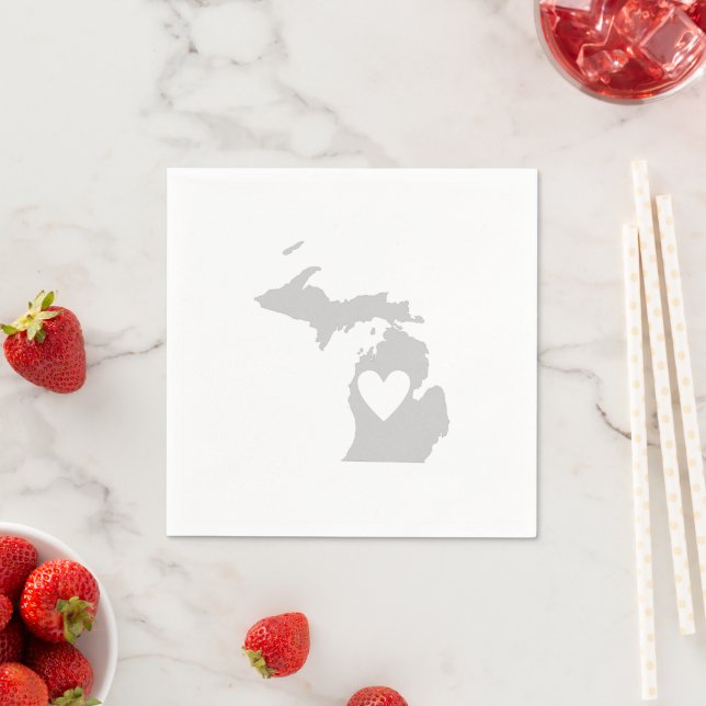 Michigan Grey Map Shape Heart Cutout Paper Party Napkin (Insitu)