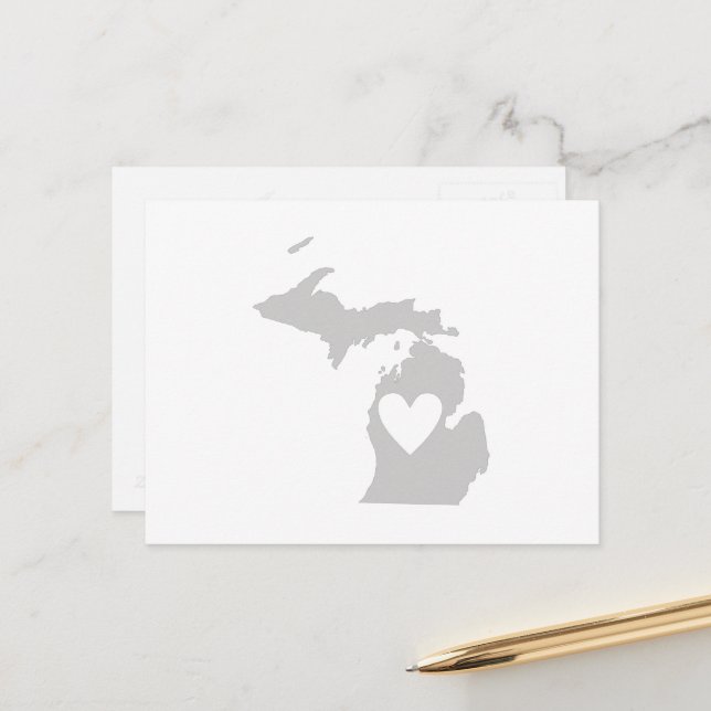 Michigan Grey State Map Shape with Heart Cutout Postcard (Front/Back In Situ)