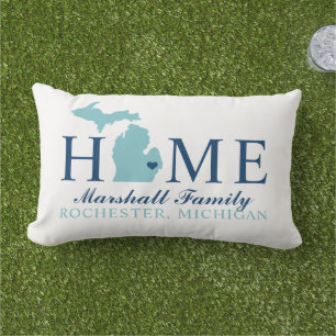 Michigan Home Aqua and Navy Custom Family Monogram Lumbar Cushion