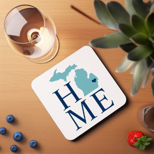 Michigan Home Aqua Navy Blue Custom City Heart Coaster