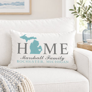 Michigan Home Aqua State Grey Family Monogram Lumbar Cushion