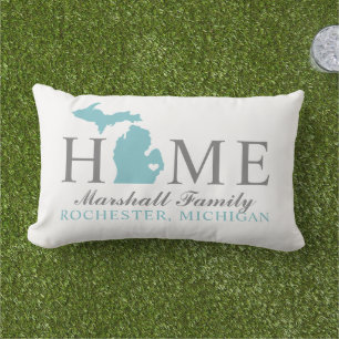 Michigan Home Aqua State Grey Family Monogram Lumbar Cushion