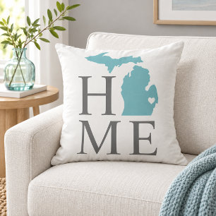 Michigan Home Aqua State Grey Text Cushion