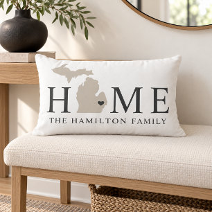 Michigan Home Beige Grey White Family Monogram Lumbar Cushion