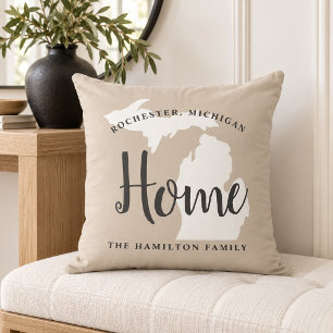 Michigan Home Beige Script Family Monogram Cushion