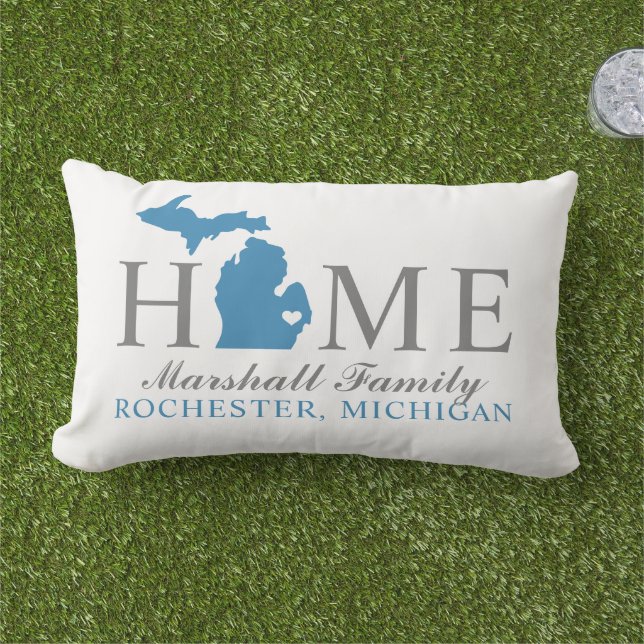 Michigan Home Blue and Grey Custom Family Monogram Lumbar Cushion (Grass)