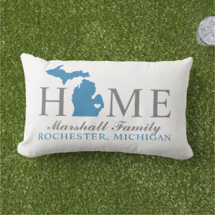 Michigan Home Blue State Grey Family Monogram Lumbar Cushion