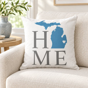 Michigan Home Blue State Grey Text Cushion