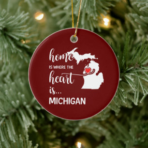 Michigan home is where the heart is ceramic ornament