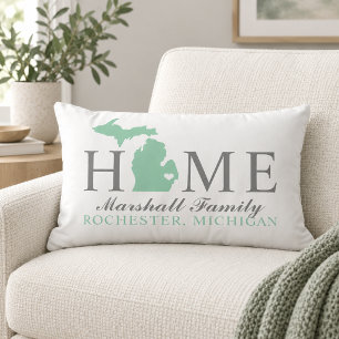 Michigan Home Mint State Grey Family Monogram Lumbar Cushion