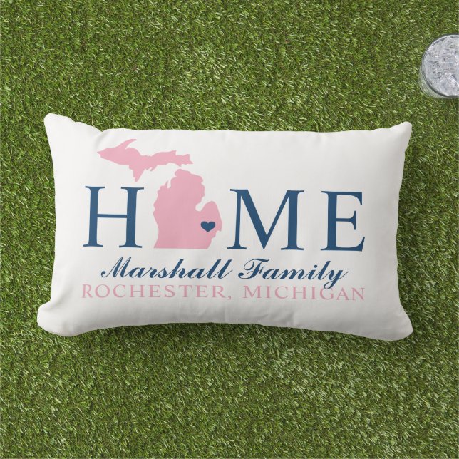Michigan Home Navy and Pink Custom Family Monogram Lumbar Cushion (Grass)