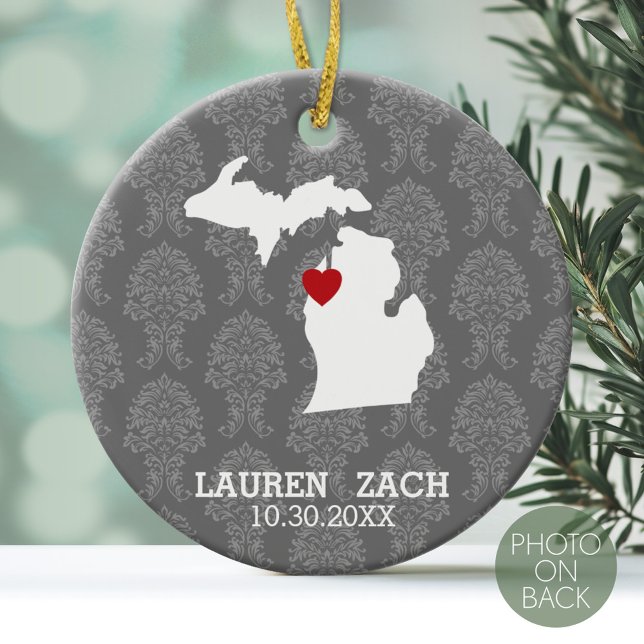 Michigan Home State City Map - Custom Wedding Ceramic Tree Decoration (Personalized Photo Ornament)