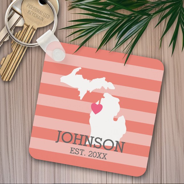 Michigan Home State City Map - Custom Wedding Key Ring (Personalized keychain - Michigan)