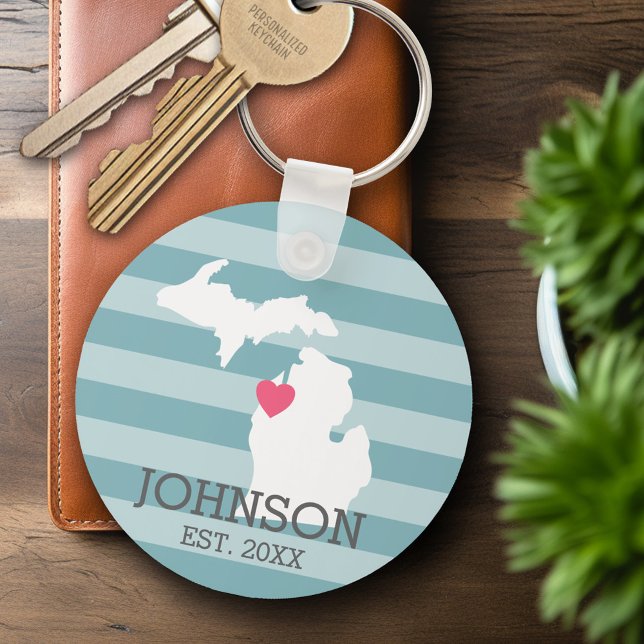 Michigan Home State City Map - Custom Wedding Key Ring (Personalized Keychain - Michigan Wedding)