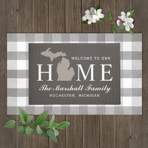 Michigan Home State Taupe Grey Family Name Doormat