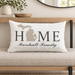 Michigan Home White Beige Family City Monogram Lumbar Cushion