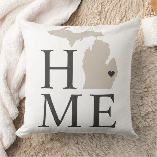Michigan Home White Beige State Heart Cushion