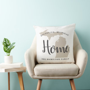 Michigan Home White Script Family Monogram Cushion