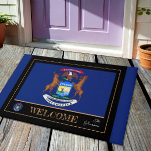 Michigan house mat, Michigan Flag blue / Welcome Doormat