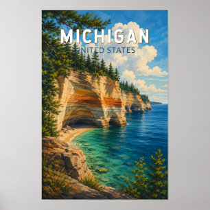 Michigan Illustration Travel Art Vintage Poster