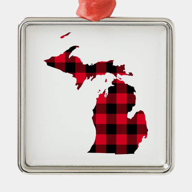 Michigan in Red and Black Buffalo Plaid Metal Ornament (Front)