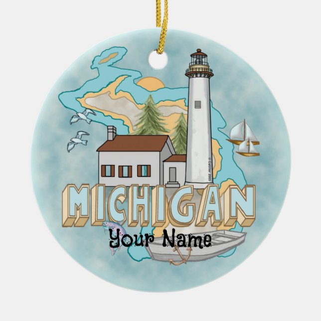 Michigan Lighthouse custom name ornament (Front)