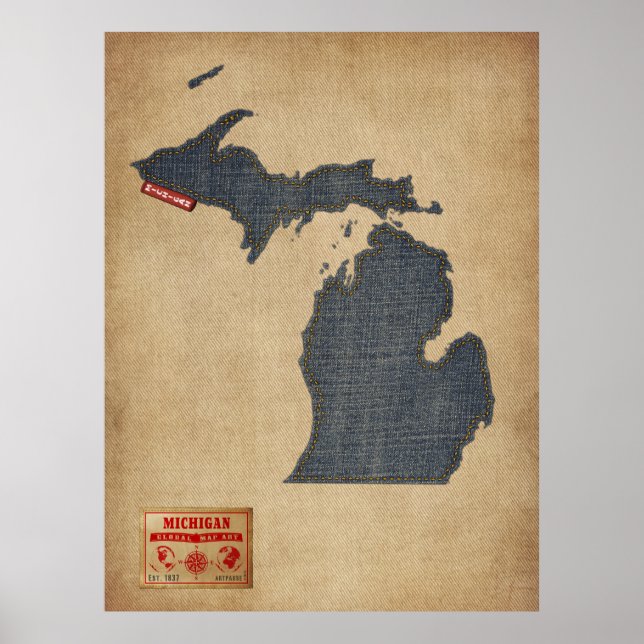 Michigan Map Denim Jeans Style Poster (Front)