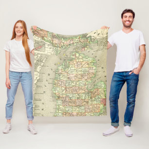 Michigan Map Retro Vintage Great Lakes Travel Fleece Blanket