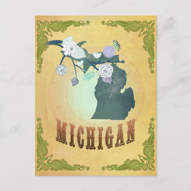 Michigan Map With Lovely Birds Postcard (Front)