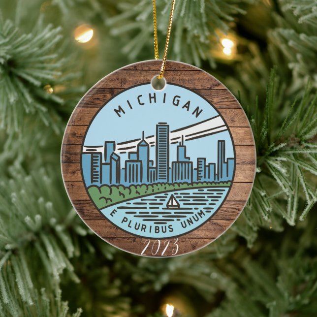 Michigan Merry Christmas - Year  - Personalise Ceramic Ornament (Tree)