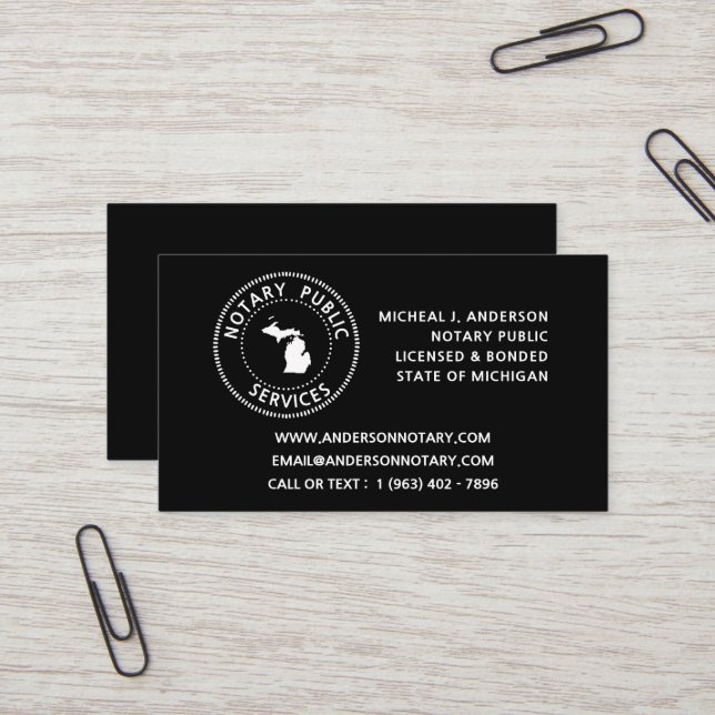 Michigan Notary Public Services Business Card (Front/Back In Situ)