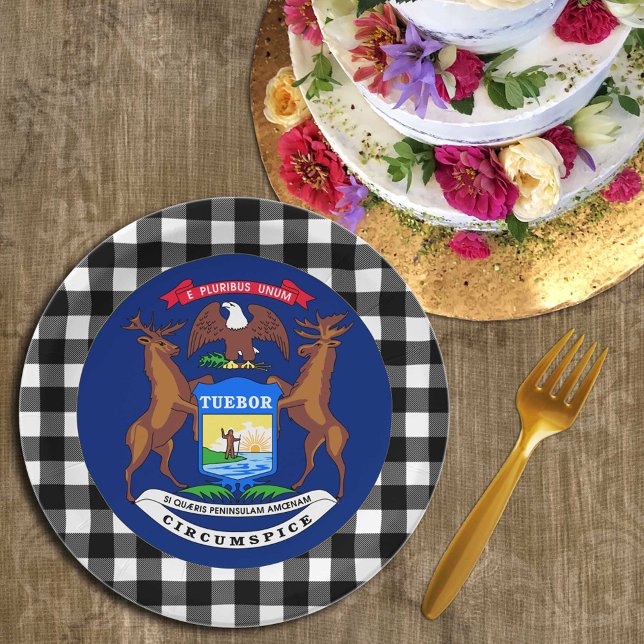 Michigan Plate, buffalo plaid USA & Michigan Flag Paper Plate (Creator Uploaded)