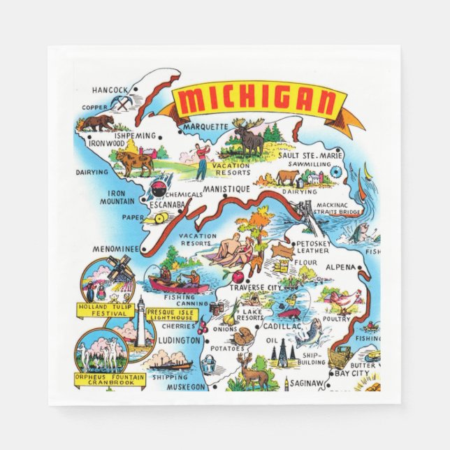 Michigan Postcard Map  Napkin (Front)