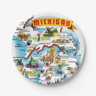 Michigan Postcard Map  Paper Plate