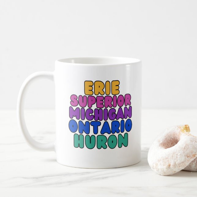 Michigan Rainbow Text Great Lakes Coffee Mug (With Donut)