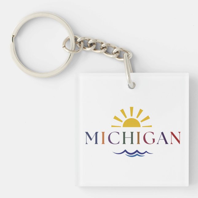 Michigan Rainbow Text Sun and Waves Key chain (Front)