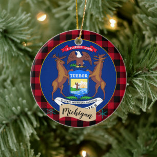 Michigan, Red buffalo plaid & Michigan Flag Ceramic Ornament