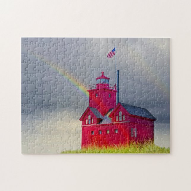 Michigan Red Lighthouse with rainbow Jigsaw Puzzle (Horizontal)