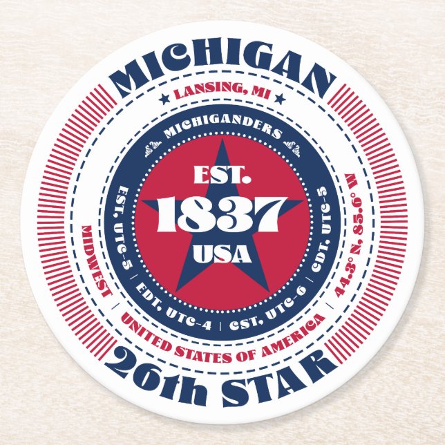 Michigan Red White Blue Typography Round Paper Coaster (Front)