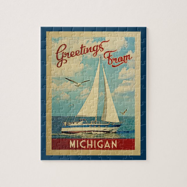 Michigan Sailboat Vintage Travel Jigsaw Puzzle (Vertical)