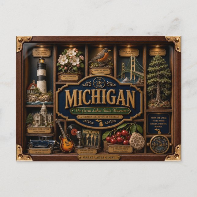 Michigan Shadow Box 3D Figurine State Postcard (Front)