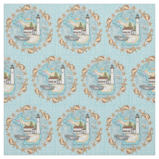 Michigan Shells Lighthouse Fabric (Swatch)