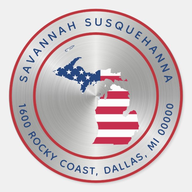 Michigan Silver Red White Blue State Map Classic Round Sticker (Front)